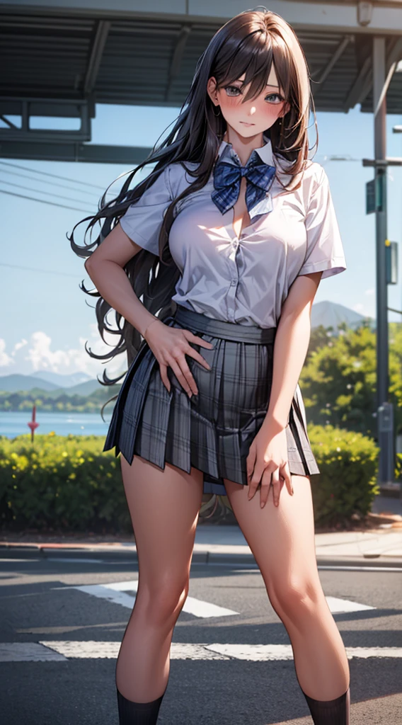 (masterpiece:1.2, top-quality), (realistic, photorealistic:1.4), beautiful illustration,
looking at viewer, full body, front view:0.6,
1 girl, japanese, high school girl, (long hair:1.5), blown hair, (half up, half updo), bangs, hair between eye, large breasts:0.8,
beautiful hair, beautiful face, beautiful detailed eyes, beautiful clavicle, beautiful body, beautiful chest, beautiful thigh, beautiful legs, beautiful fingers,
(beautiful scenery), , school,
((collared short sleeve shirt, white shirt, , grey plaid pleated skirt, blue plaid bow tie)), white panties,
(standing, , lift up skirt, grab the hem of the skirt, hands on chest, hand between legs),
blush, ,