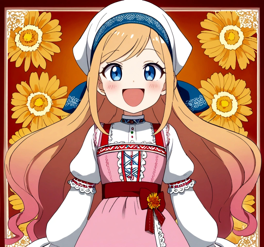 golden orange hair, gradient hair, very long hair, swept bangs, sidelocks, curly hair, wavy hair, (((((head scarf))))), head bandana, pink apron, flower in hair, marigold, orange flower, blue eyes, dirndl, pink dress, pink dirndl, long sleeves, waist apron, white apron, bow on waist, blue bow, , polish clothing, Slavic clothing, Hungarian clothing, anime, cute, flat chest, solo, exaggerated expression laughing, cheerful, XD