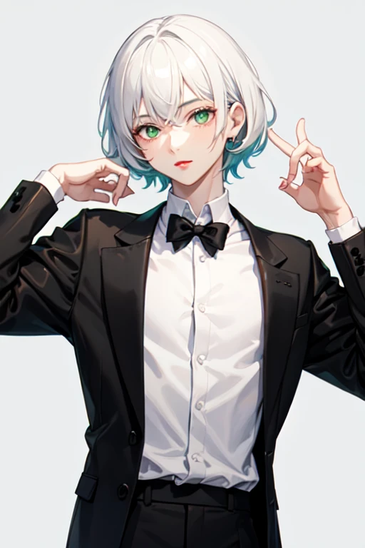 15 year old boy with white hair, green eyes and red lips, white skin dressed in y2k man clothing style