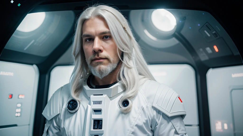 Beautiful man, long white hair and white beard, dressed in futuristic space suit, in the background the galaxy ,medium shot