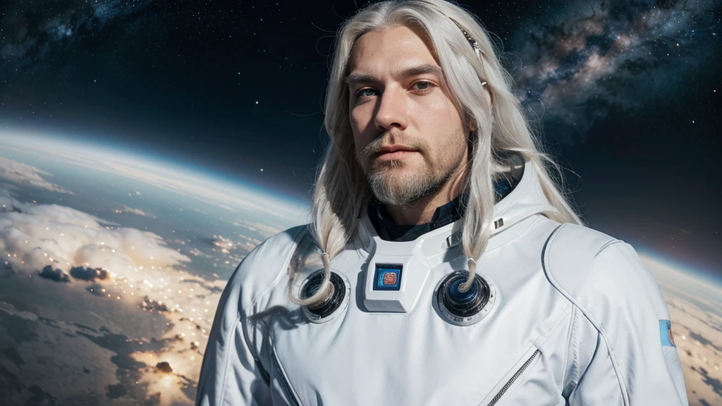 Beautiful man, long white hair and white beard, dressed in futuristic space suit, in the background the galaxy ,medium shot
