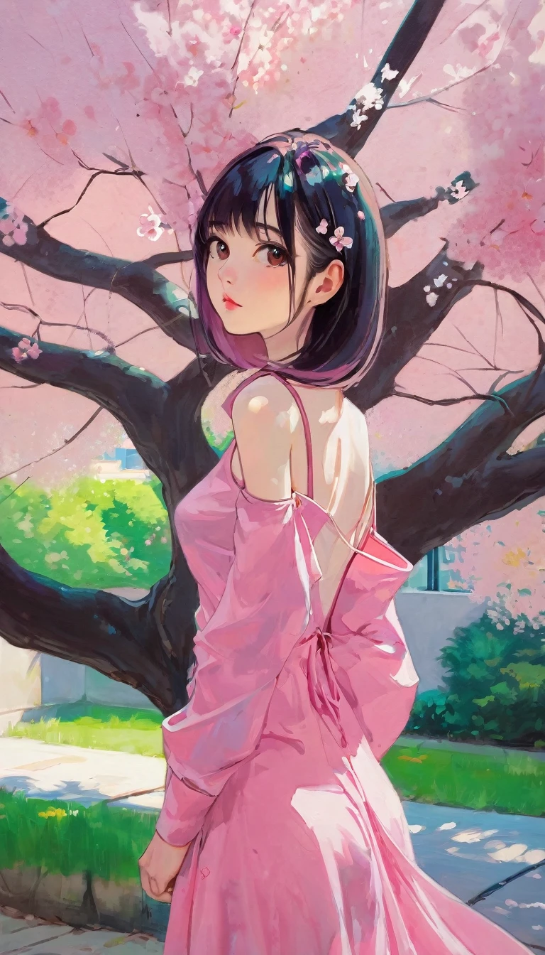 1 sexy girl, Sakura in mr villian day off, hair medium to shoulder, hair pink, with 2 sakura flower on the hair, wearing a cute pink dress, background is filling with a sakura flower and one sakura tree, pose standing wish under the tree, Soft, kawaii, detail,bichu, oil painting, impressionism (art inspired by Bill Sienkiewicz ). oil painting)
