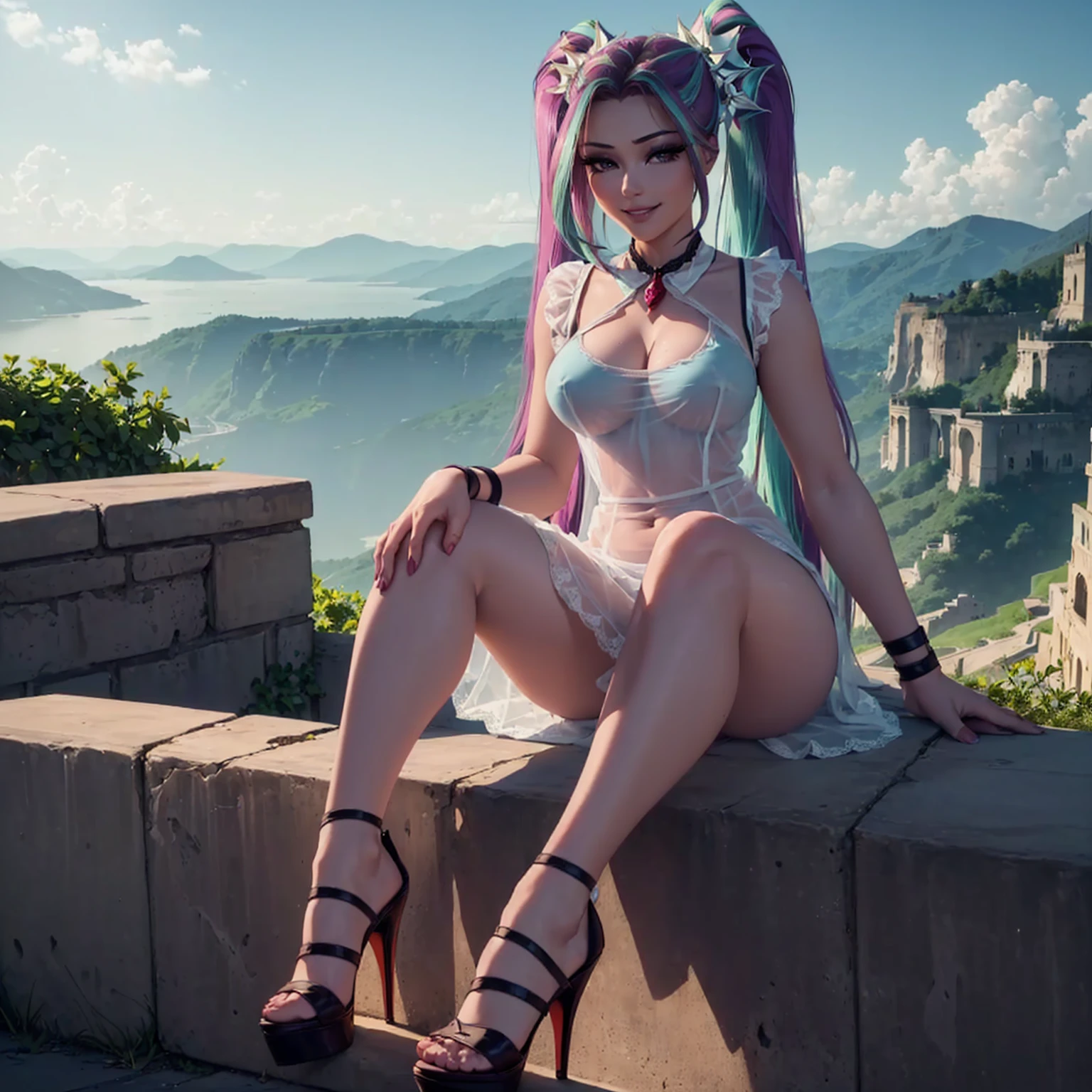 (((beautiful female body))),(((aria blaze as a sweet charming hot seductive horny girl))) ,(((twintail hair))),(((sit on the ledge of valley high height)))), (((sexy erotic crossed legs))),(((left foot pointing to viewer))),(((landscape in background))),(((lewd and erotic posing))), (((happy wicked smile))) ,(((wear light blue sheer lace transparent see through very short maid dress))) ,(((wear pink pantie))), (((upskirt view))) , breasts are visible , (((wear high heels))) , golden bracelets , (((big perfect breasts))) , lush breasts , Bulky Breasts , voluminous breasts , eye contact, high quality , detailed , wallpaper , realistic , feet are visible ,(((look at to viewer))),(((bare belly))),(((side close view)))