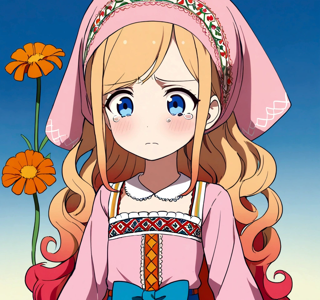 golden orange hair, gradient hair, very long hair, swept bangs, sidelocks, curly hair, wavy hair, (((((head scarf))))), head bandana, pink apron, flower in hair, marigold, orange flower, blue eyes, dirndl, pink dress, pink dirndl, long sleeves, waist apron, white apron, bow on waist, blue bow, , polish clothing, Slavic clothing, Hungarian clothing, anime, cute, flat chest, solo, exaggerated expression, sad, crying