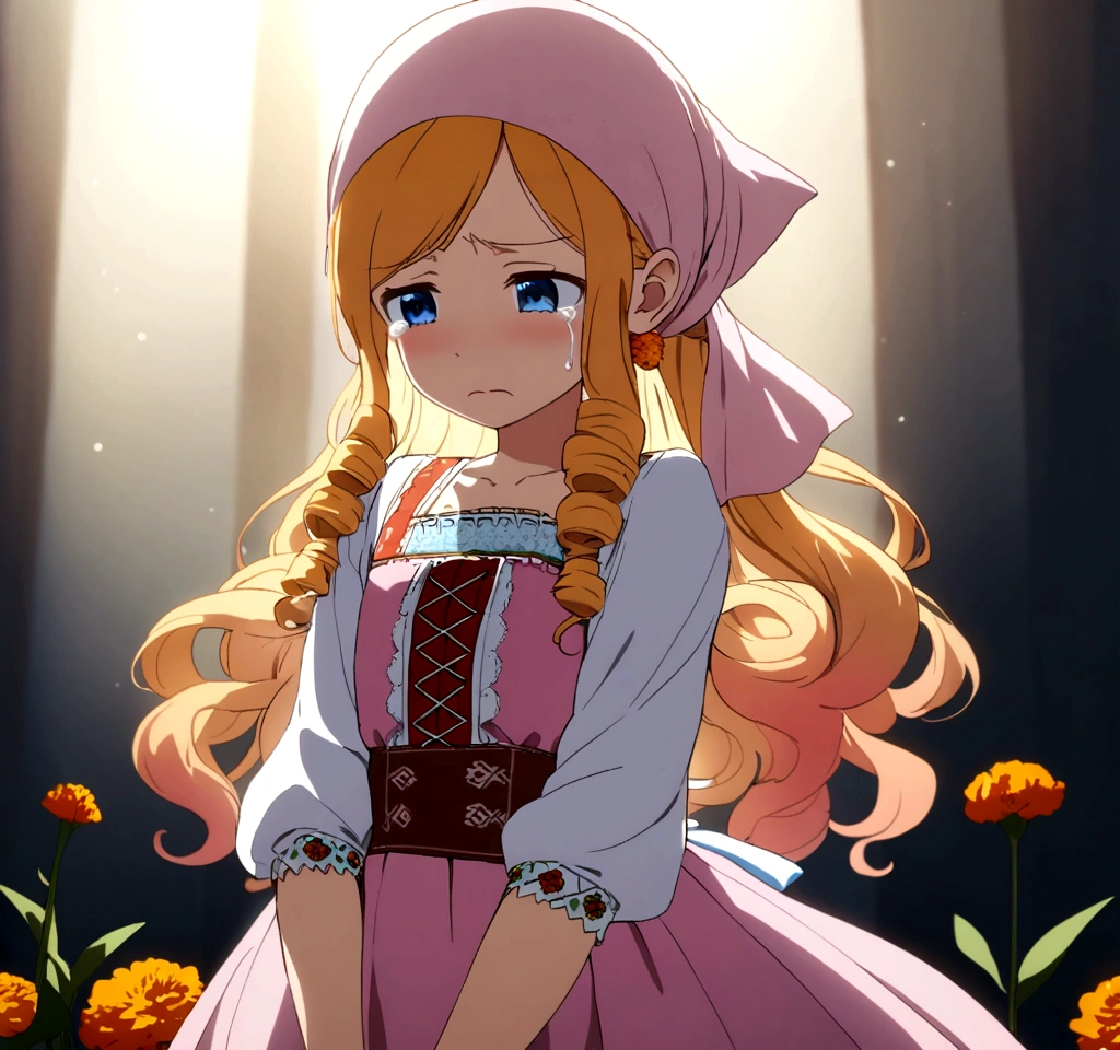 golden orange hair, gradient hair, very long hair, swept bangs, sidelocks, curly hair, wavy hair, (((((head scarf))))), head bandana, pink apron, flower in hair, marigold, orange flower, blue eyes, dirndl, pink dress, pink dirndl, long sleeves, waist apron, white apron, bow on waist, blue bow, , polish clothing, Slavic clothing, Hungarian clothing, anime, cute, flat chest, solo, exaggerated expression, sad, crying