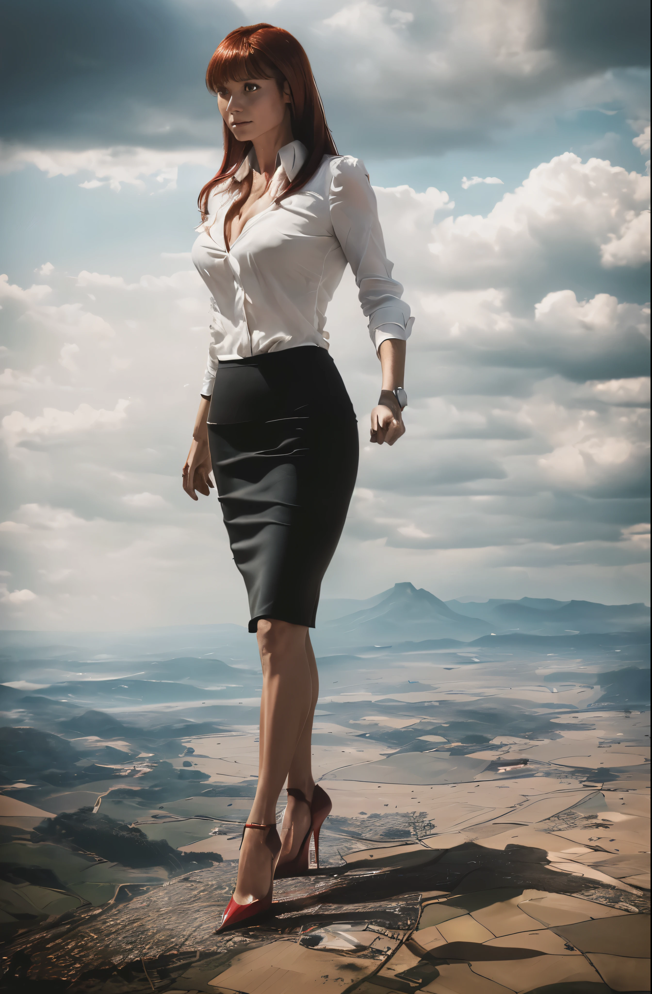 Gwyneth Paltrow as Pepper Potts, (masterpiece, best quality, best shadows, best shading, perfect hands, perfect face, cinematic lighting, colorful, ultra-detailed, beautiful photography, character focus, extremely-detailed, photorealistic, hyper photorealism, atmospheric), (rural destruction:1.7), (giantess, stereotypical office worker), (dirty, filthy, unwashed, sweaty, unkempt, angry, tired, exhausted, annoyed), (walking, mid stride:1.2, stepping down on:1.2, stomping, crush, rampage), (black patent Louboutin pointed toe pumps, high heels, stiletto heels), ((revealing crisp white blouse, short black pencil skirt)), ((long straight red hair with front bangs)), (high altitude photography, satellite view), (curvy, exposed cleavage, heaving bosom, legs), (urban sprawl, farmland and small towns, destruction, buildings, roads), (((cloudy, overcast, clouds and atmosphere partly obscuring the subject:1.2, hazy atmosphere, haze in foreground, wispy clouds)))