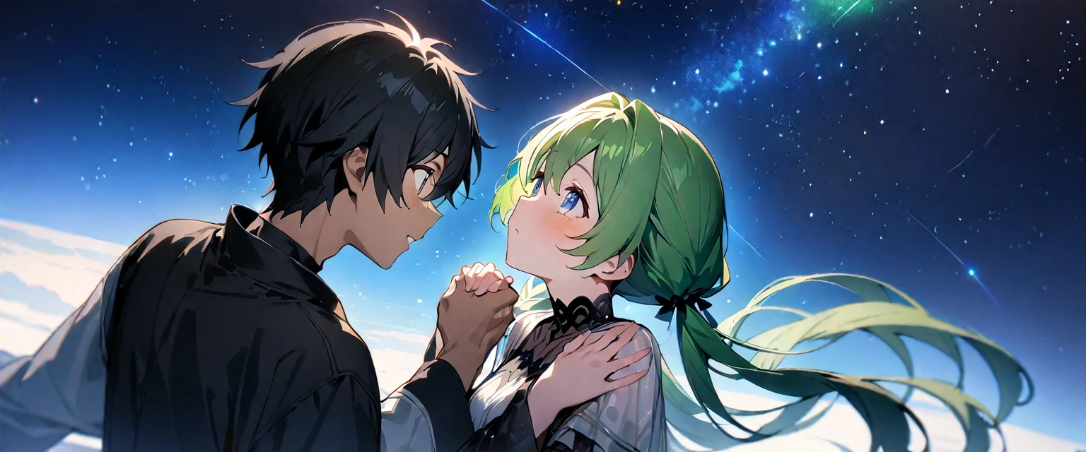 (((masterpiece,Highest quality))),(((A black-haired anime boy looks up at a girl in a daze and reaches out to her,A green-haired, twin-tailed anime girl descends from the starry sky and reaches out to a boy))),((Under a star-filled sky)),A boy and a girl holding hands,(high quality),アニメ