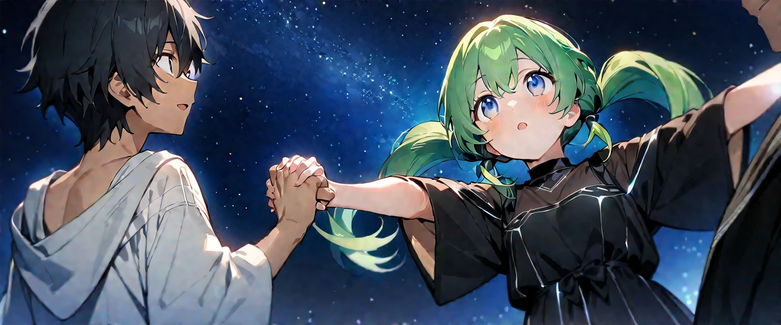 (((masterpiece,Highest quality))),(((A black-haired anime boy looks up at a girl in a daze and reaches out to her,A green-haired, twin-tailed anime girl descends from the starry sky and reaches out to a boy))),((Under a star-filled sky)),A boy and a girl holding hands,(high quality),アニメ