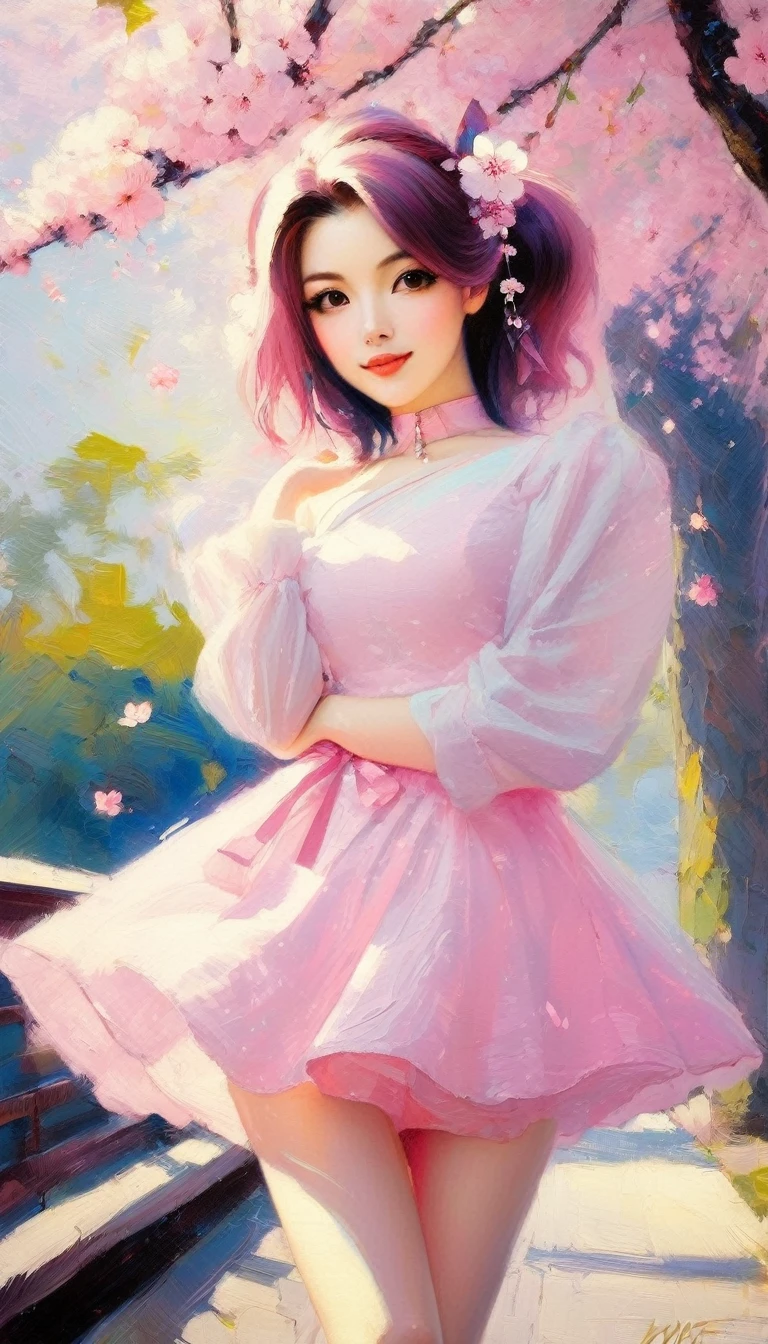 1 sexy girl, Sakura in mr villian day off, hair medium to shoulder, hair pink, with 2 sakura flower on the hair, wearing a cute pink dress, background is filling with a sakura flower and one sakura tree, pose standing wish under the tree, Soft, kawaii, detail,bichu, oil painting, impressionism (art inspired by Bill Sienkiewicz ). oil painting)
