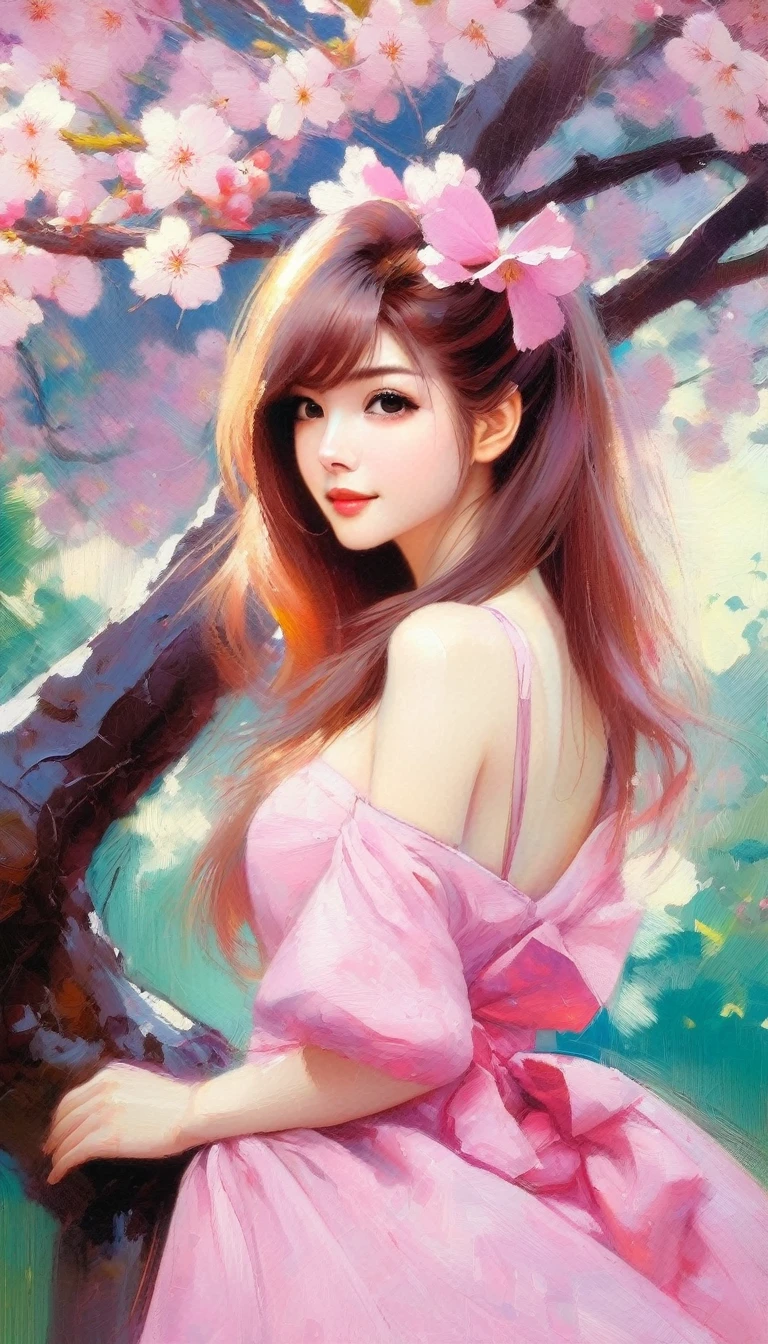 1 sexy girl, Sakura in mr villian day off, hair medium to shoulder, hair pink, with 2 sakura flower on the hair, wearing a cute pink dress, background is filling with a sakura flower and one sakura tree, pose standing wish under the tree, Soft, kawaii, detail,bichu, oil painting, impressionism (art inspired by Bill Sienkiewicz ). oil painting)