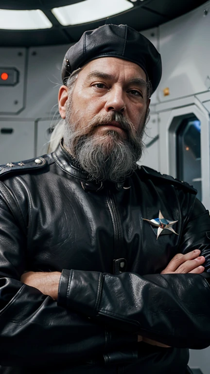 The space general aged 65 has long gray beard and long beard, wears a futuristic uniform, he is fat bearded, long sleeve uniform , wearing leather gloves on your hands, he has his arms crossed seriously, speaking to the viewer, He wears a white general&#39;s hat on his head.