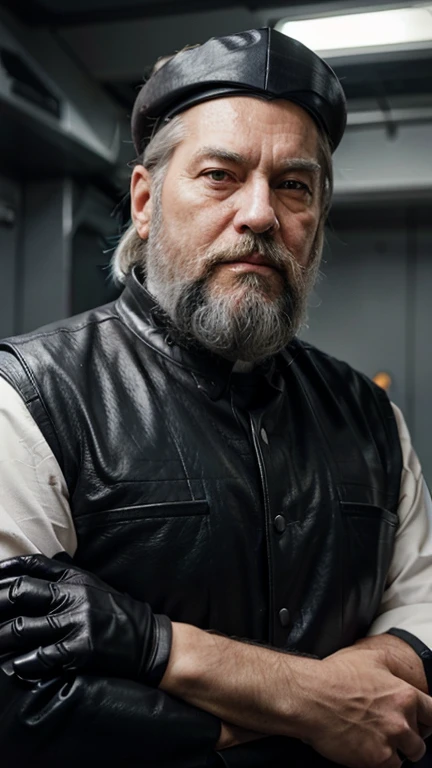 The space general aged 65 has long gray beard and long beard, wears a futuristic uniform, he is fat bearded, long sleeve uniform , wearing leather gloves on your hands, he has his arms crossed seriously, speaking to the viewer, He wears a white general's hat on his head.