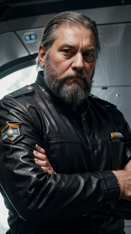 The space general aged 65 has long gray beard and long beard, wears a futuristic uniform, he is fat bearded, long sleeve uniform , wearing leather gloves on your hands, he has his arms crossed seriously, speaking to the viewer, He wears a white general's hat on his head.