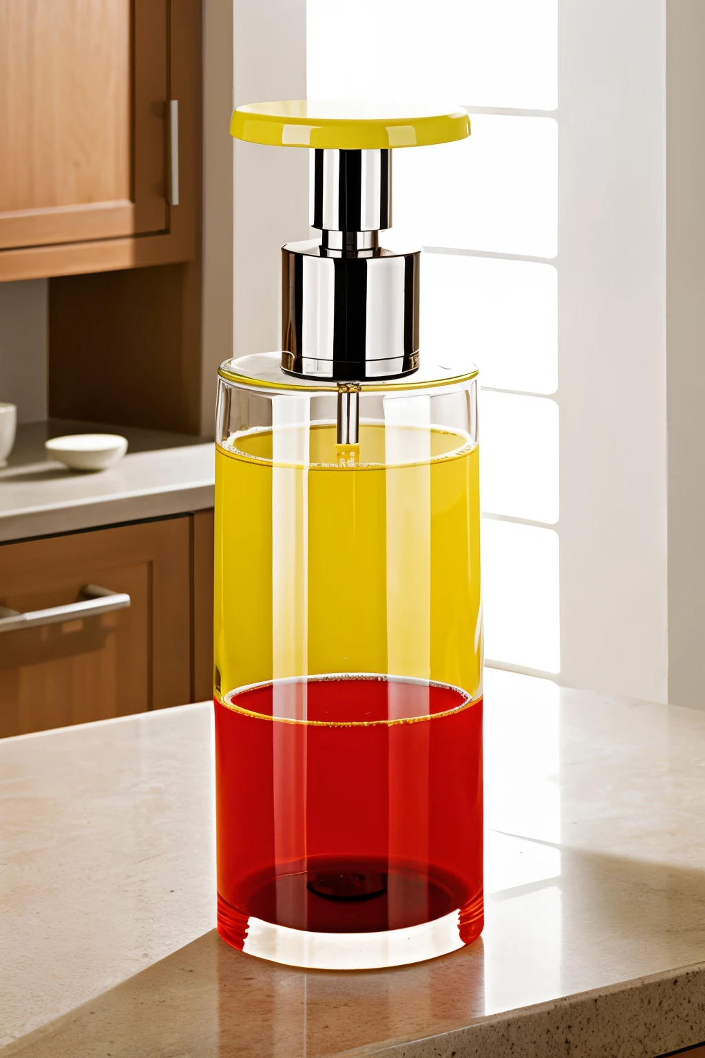 design of a small glass evace for kitchen dyes, with its dispenser, , red and yellow
