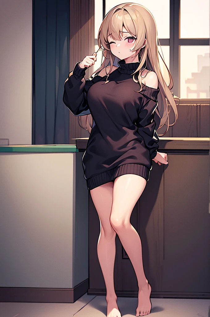 ((best quality)), ((masterpiece)), (detailed), 1girl, off-shoulder sweater, woman asleep standing up, bikini, eyes closed, full body, butt pov