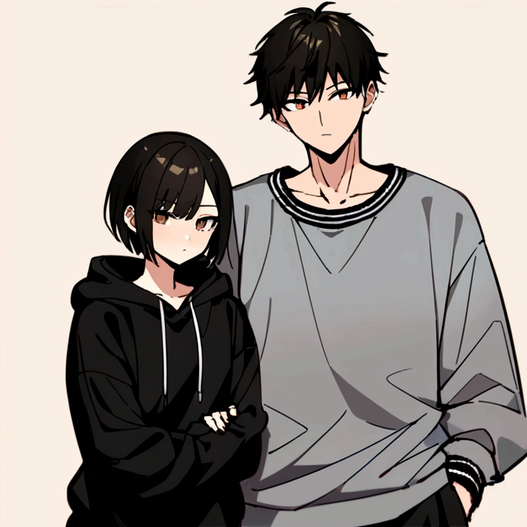 18 year old with dark brown eyes, black short hair,1,64 tall, wearing a sweatshirt set with your boyfriend, de black short hair,1,80 tall,wearing hugging sweatshirt set