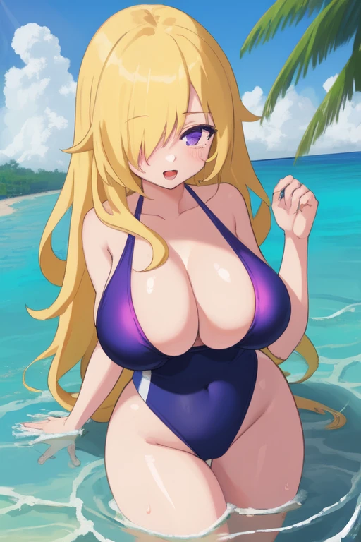 ((Best Quality)), ((Masterpiece)), (detailed), 1 girl, Pastel yellow hair, long hair, hair covers one eye, purple eyes, tight, big breasts, big thighs, Swimsuit, beach in the water happy