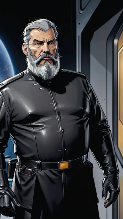 The space general aged 65 has long gray beard and long beard, wears a futuristic uniform, he is fat bearded, long sleeve uniform , wearing leather gloves on your hands, he has his arms crossed seriously, speaking to the viewer, He wears a white general's hat on his head.