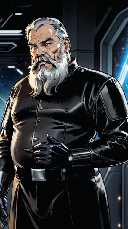 The space general aged 65 has long gray beard and long beard, wears a futuristic uniform, he is fat bearded, long sleeve uniform , wearing leather gloves on your hands, he has his arms crossed seriously, speaking to the viewer, He wears a white general&#39;s hat on his head.