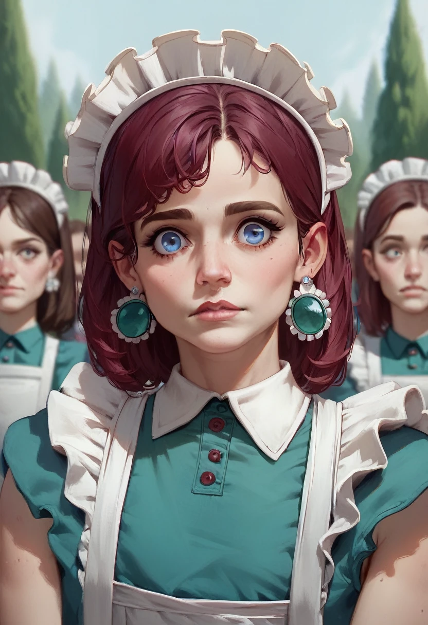 1 girl, Decollete, (big boobs), 4K, Nice, Viewers look at, headshot, (*Dormitory* crowded with people:1.3),Not suitable for work, romper
French maid, maid, maid uniform, (the picture), (Decollete), romper
medium hair, blue gemstone earrings, pale skin, light skin, White skin, romper