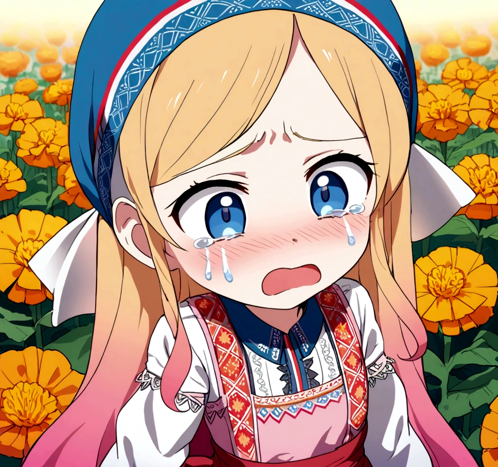 golden orange hair, gradient hair, very long hair, swept bangs, sidelocks, curly hair, wavy hair, (((((head scarf))))), head bandana, pink apron, flower in hair, marigold, orange flower, blue eyes, dirndl, pink dress, pink dirndl, long sleeves, waist apron, white apron, bow on waist, blue bow, , polish clothing, Slavic clothing, Hungarian clothing, anime, cute, flat chest, solo, exaggerated expression, sad, crying, open mouth