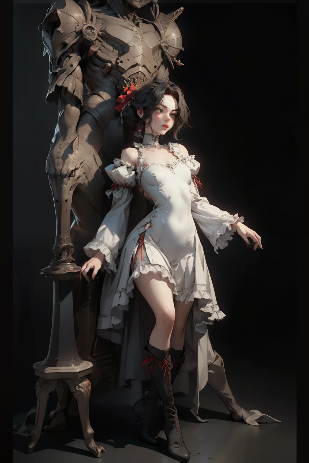  ((best quality)), ((masterpiece)), (detailed), very skinny, prominent collarbones, skinny arms, flat stomach, visible hip bones, red and white clothing, Bloodborne inspired, occult aesthetic, occult, detailed and intricate steampunk and detailed gothic, NSFW, Very dramatic and cinematic lighting, cosmic horror, grim-dark, side-lighting, perfect face, NSFW, Fluttering lace flared long knee length dress with frilly petticoats, knee length dress, pleated petticoats, lolita dress, petticoats gothic lolita, complex lace boots, side-lighting, gothic lolita aesthetic, wielding a mighty sword with mechanical components, carbine, NSFW, beautiful small breasts, small breasts, full body, whole body, body, NSFW, full body, whole body, head-to-toe NSFW 