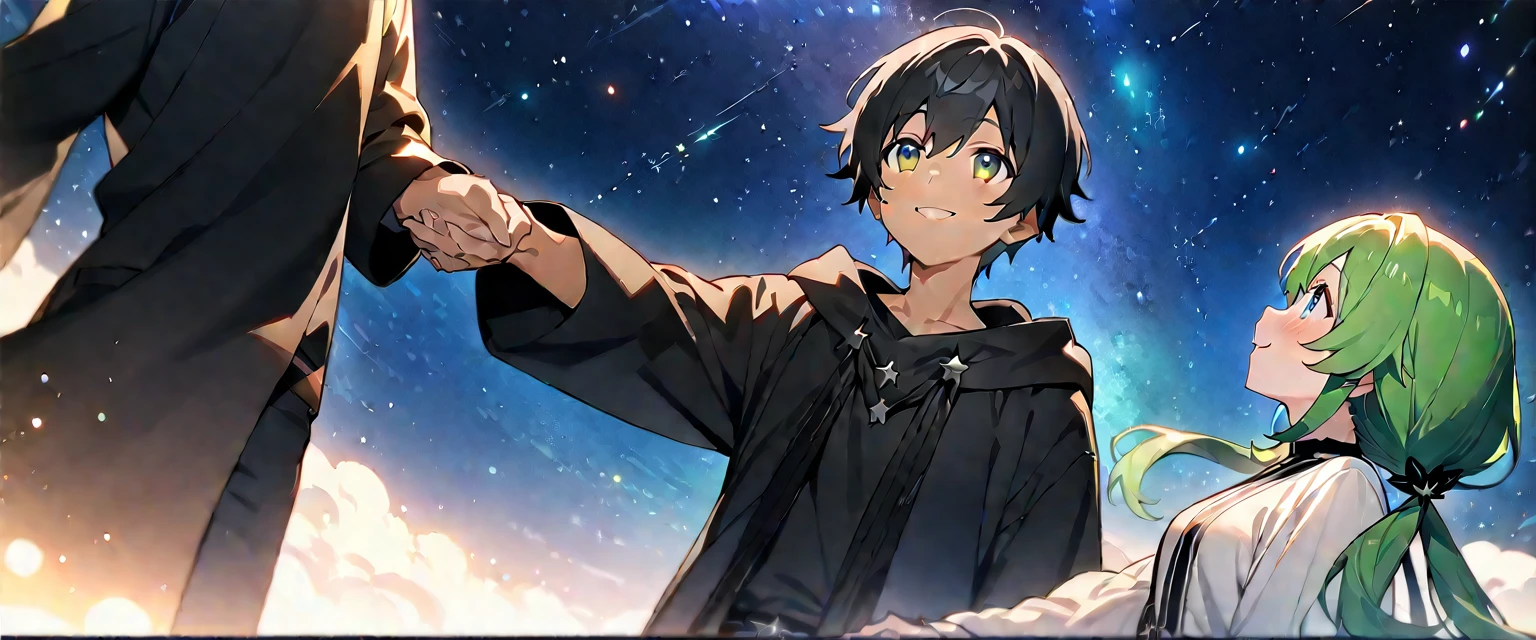 (((masterpiece,Highest quality))),(((A black-haired anime boy looks up at a girl in a daze and reaches out to her,A green-haired, twin-tailed anime girl descends from the starry sky and reaches out to a boy with a smile))),((Under a star-filled sky)),A boy and a girl holding hands,(high quality),アニメ