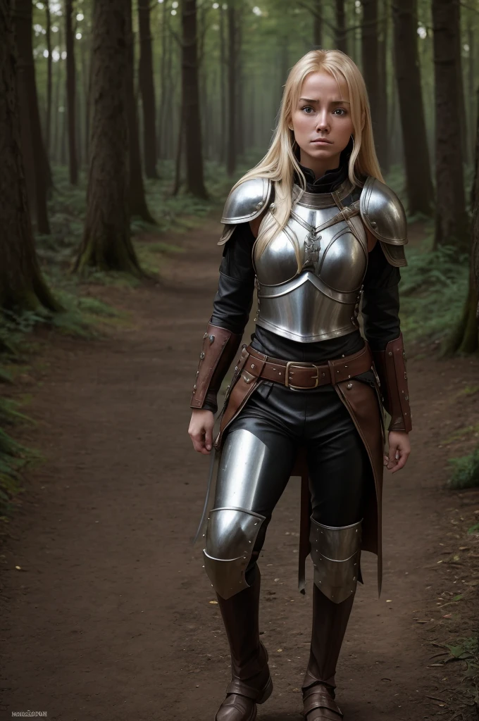 high reslolution, young novice warrior of the warriors guild, blonde hair, dutch girl 20 years old,  leather armor, in a forest, peeing her pants in fear, wetting herself in panic, panic in her face, pee running down her legs, visible wetness at her crotch, pee running down her legs, wearing light colored leather pants, light metal breastplate