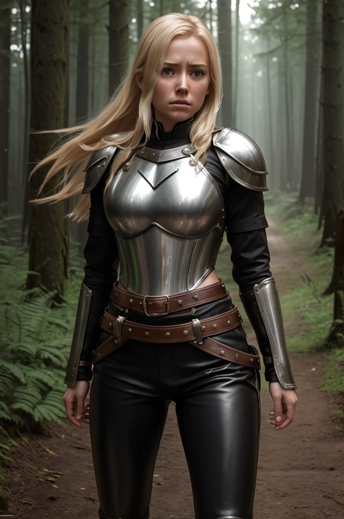 high reslolution, young novice warrior of the warriors guild, blonde hair, dutch girl 20 years old,  leather armor, in a forest, peeing her pants in fear, wetting herself in panic, panic in her face, pee running down her legs, visible wetness at her crotch, pee running down her legs, wearing light colored leather pants, light metal breastplate