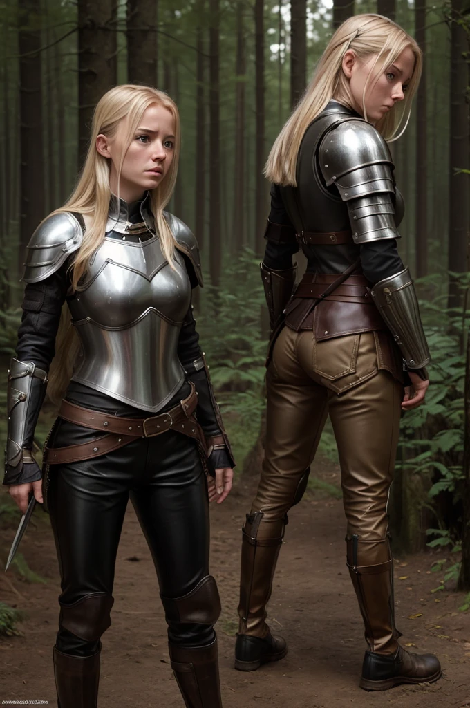 high reslolution, young novice warrior of the warriors guild, blonde hair, dutch girl 20 years old,  leather armor, in a forest, peeing her pants in fear, wetting herself in panic, panic in her face, pee running down her legs, visible wetness at her crotch, pee running down her legs, wearing light colored leather pants, light metal breastplate