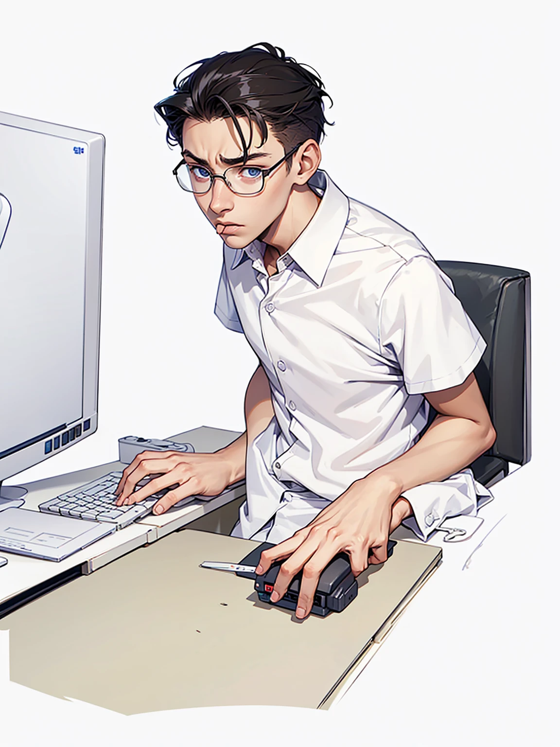 19 year old skinny boy sitting at an office desk using a computer keyboard and white mouse ,with worried face (distressed expression,add it,with his mouth open looking at the computer monitor wearing a nerdy short-sleeved formal shirt