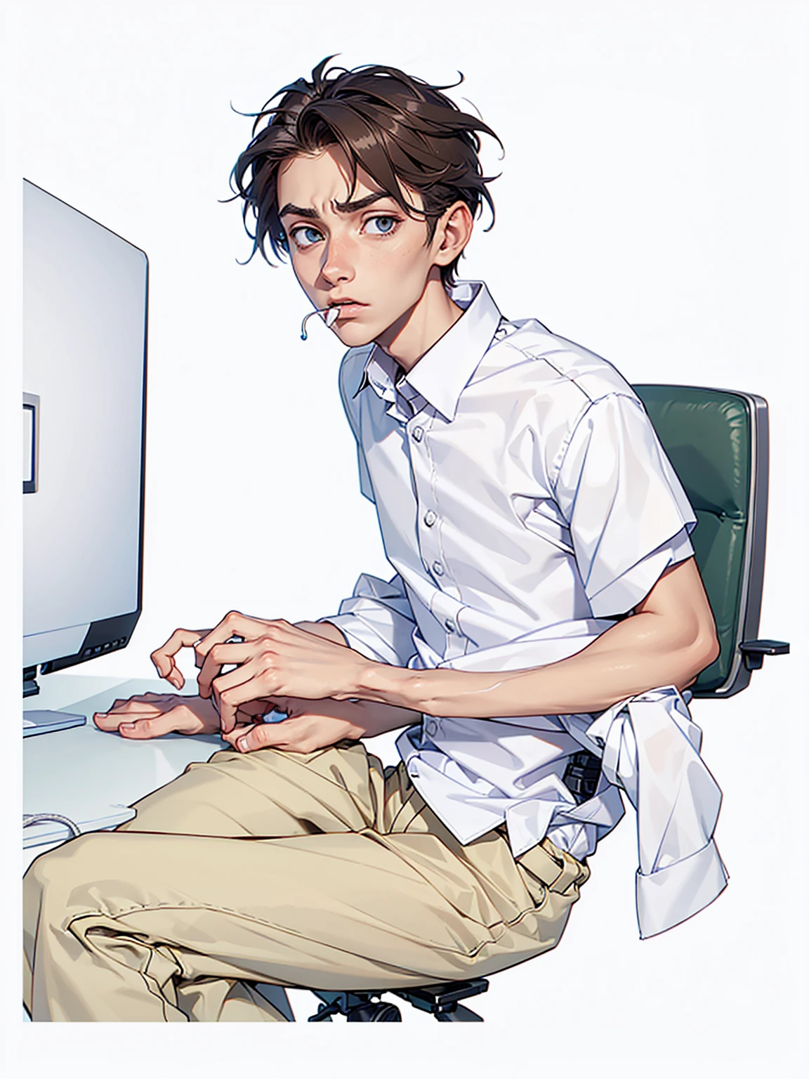 19 year old skinny boy sitting at an office desk using a computer keyboard and white mouse ,with worried face (distressed expression,add it,with his mouth open looking at the computer monitor wearing a nerdy short-sleeved formal shirt