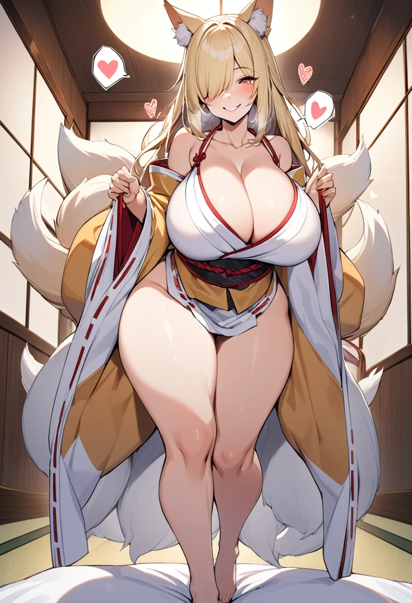 Highest quality、One girl, Mature Woman, Mature Woman, Japanese-style room、Tatami room、Sliding doors、Dark room、Voluptuous body,  Huge breasts, Saggy breasts, Wide Hips,  Miko costume, barefoot, Cleavage, Are standing, Blonde Nine Tails, smile, Short blonde, Red eyes, at night, 8K, masterpiece、milf、Fox Ears、Lantern、Sliding doorsを開けて迎え入れる、Sexy look、solo focus、spoken heart、(breast focus:1.1)、mature female、gleaming skin、naughty face、heavy breathing、One eye is covered by hair、hair over one eye 、(The futon is laid out at the back of the room.)、Hot spring inn、White futon