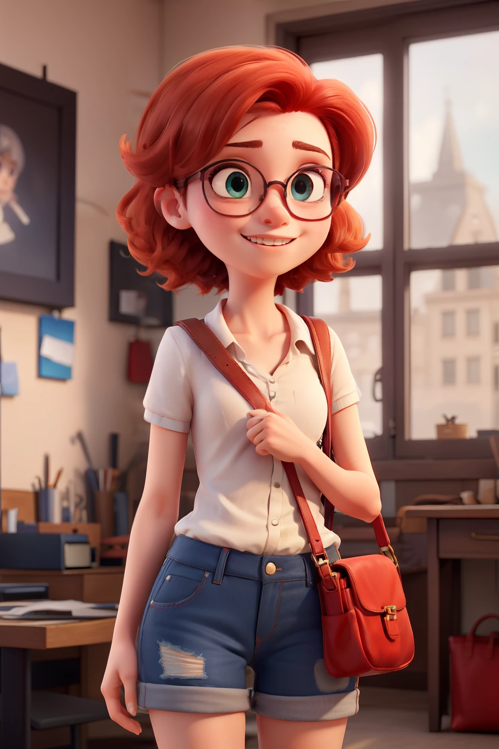 ((best qualityer)), ((work of art)), (detailded), 1 girl, with sunglasses, red short hair , eyes the same color as his hair and with a red bag in his hand, with a super excited face