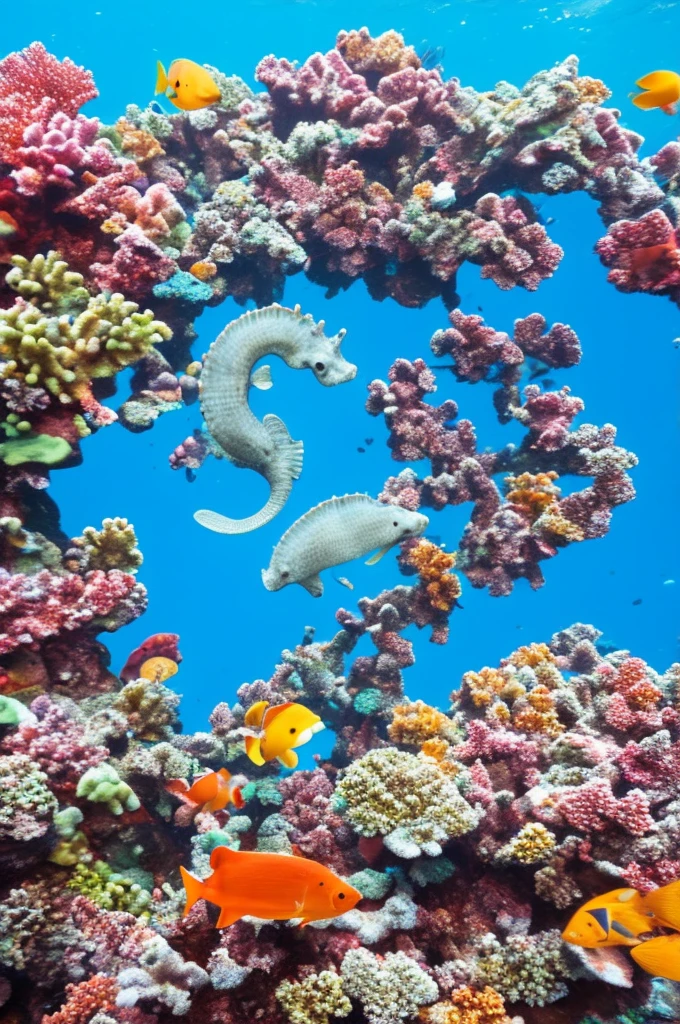 a seahorse that is a unicorn underwater coral reef
