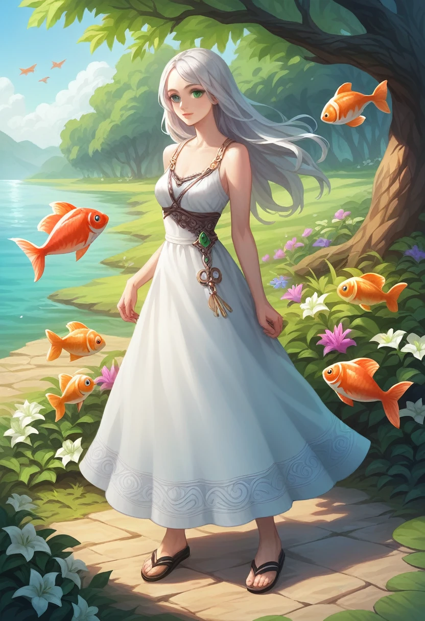 ((Highest quality)), ((masterpiece)), (detailed), ((Perfect Face)), lillia, One Girl、ピンクのLong Hair、blue eyes、White dress with black lace、large pink ribbon on the chest,Blue clothes,Sandals,Calm,Ladylike,quiet,Adult female,Silver Hair,Long Hair,Bright green eyes,Small flowers gather,River bank,Summer festival,firework,Goldfish,