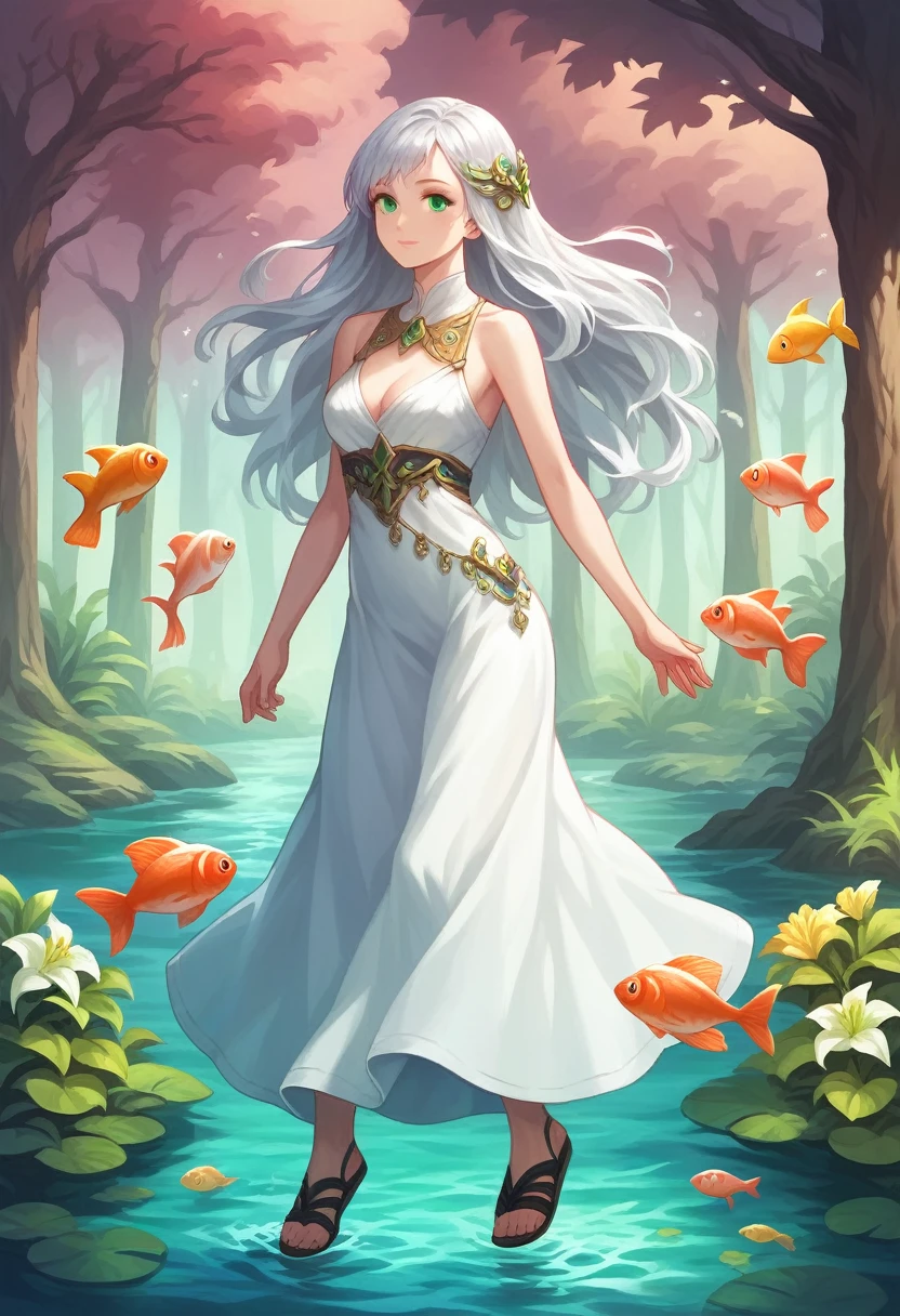 ((Highest quality)), ((masterpiece)), (detailed), ((Perfect Face)), lillia, One Girl、ピンクのLong Hair、blue eyes、White dress with black lace、large pink ribbon on the chest,Blue clothes,Sandals,Calm,Ladylike,quiet,Adult female,Silver Hair,Long Hair,Bright green eyes,Small flowers gather,River bank,Summer festival,firework,Goldfish,