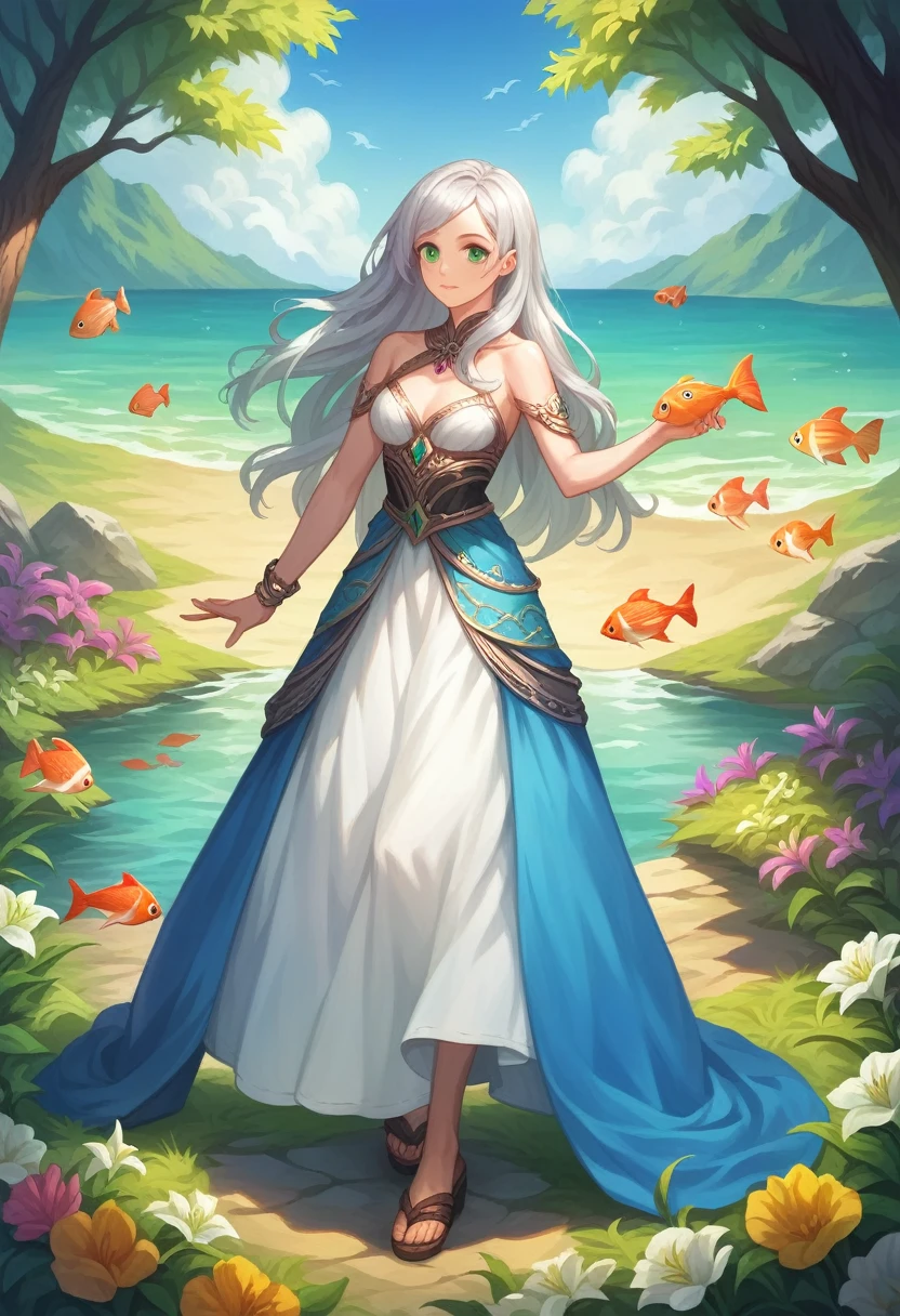 ((Highest quality)), ((masterpiece)), (detailed), ((Perfect Face)), lillia, One Girl、ピンクのLong Hair、blue eyes、White dress with black lace、large pink ribbon on the chest,Blue clothes,Sandals,Calm,Ladylike,quiet,Adult female,Silver Hair,Long Hair,Bright green eyes,Small flowers gather,River bank,Summer festival,firework,Goldfish,