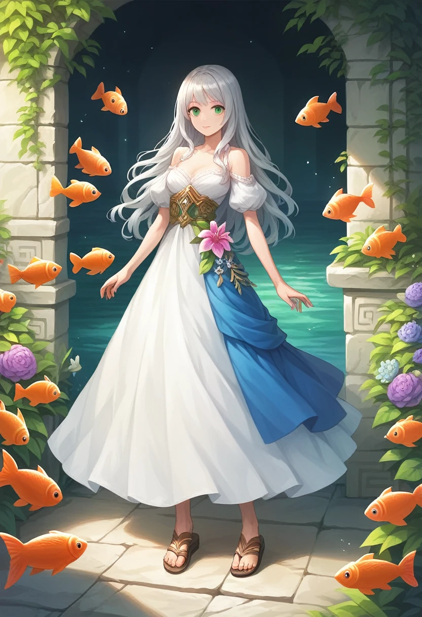 ((Highest quality)), ((masterpiece)), (detailed), ((Perfect Face)), lillia, One Girl、ピンクのLong Hair、blue eyes、White dress with black lace、large pink ribbon on the chest,Blue clothes,Sandals,Calm,Ladylike,quiet,Adult female,Silver Hair,Long Hair,Bright green eyes,Small flowers gather,River bank,Summer festival,firework,Goldfish,