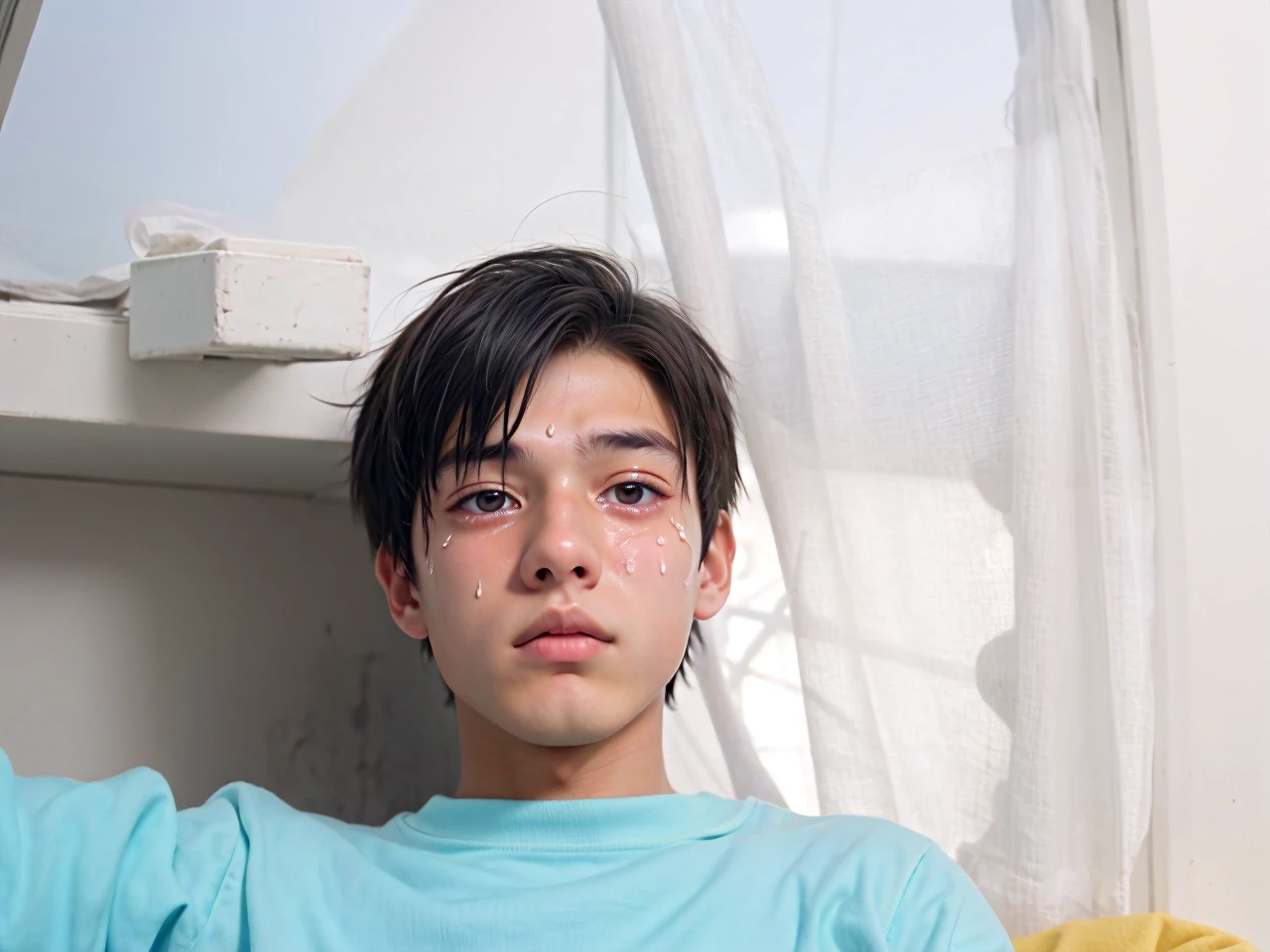 a 18 year boy sitting on top of a window sill, an anime drawinG a boy with tears,cgsociety, sots art, anime aesthetic, anime, official art, dipression boy dark background