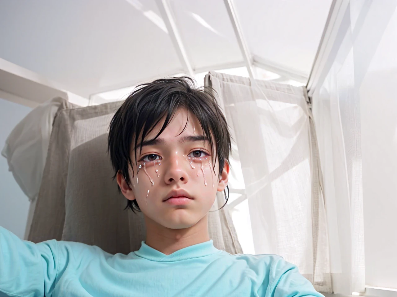 a 18 year boy sitting on top of a window sill, an anime drawinG a boy with tears,cgsociety, sots art, anime aesthetic, anime, official art, dipression boy dark background 