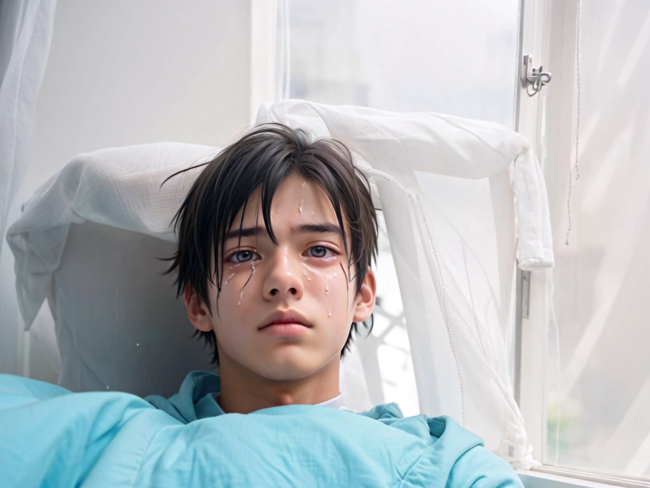 a 18 year boy sitting on top of a window sill, an anime drawinG a boy with tears,cgsociety, sots art, anime aesthetic, anime, official art, dipression boy dark background