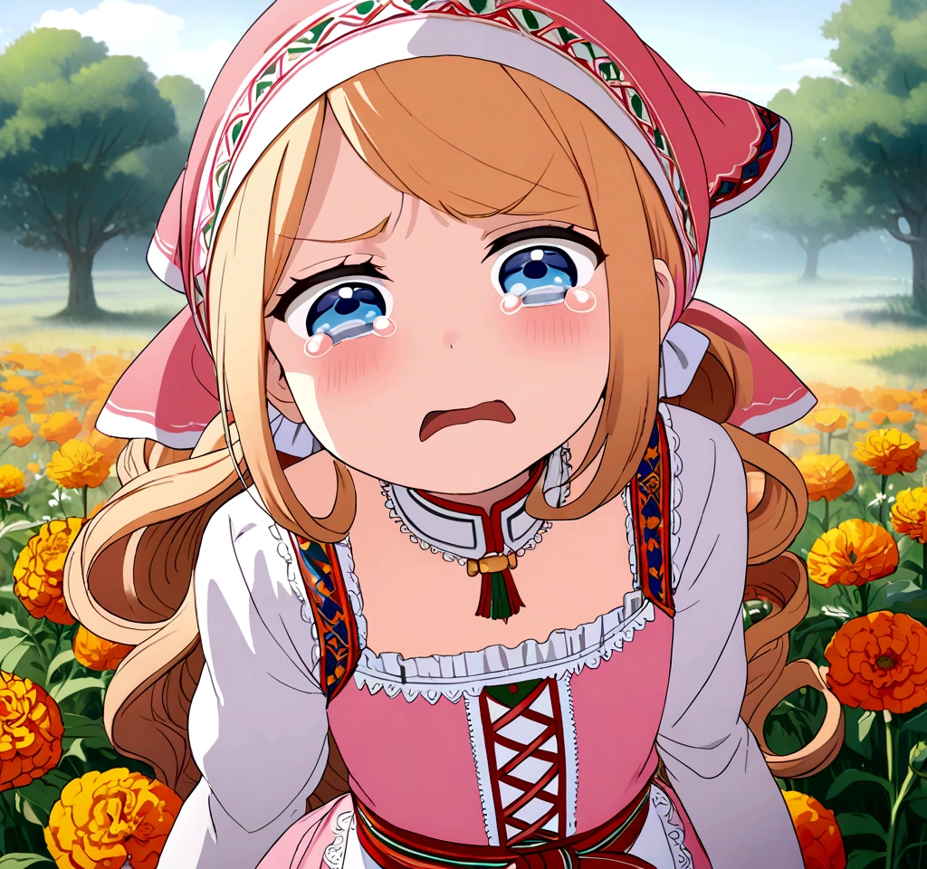 golden orange hair, gradient hair, very long hair, swept bangs, sidelocks, curly hair, wavy hair, (((((head scarf))))), head bandana, pink apron, flower in hair, marigold, orange flower, blue eyes, dirndl, pink dress, pink dirndl, long sleeves, waist apron, white apron, bow on waist, blue bow, , polish clothing, Slavic clothing, Hungarian clothing, anime, cute, flat chest, solo, exaggerated expression, sad, crying, open mouth