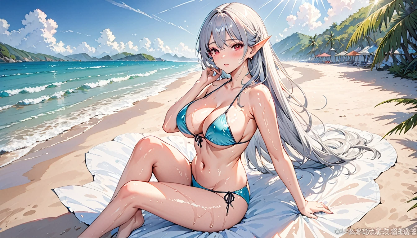 (best quality),((masterpiece)),(highres),original,extremely detailed wallpapaer,(an extremely delicate and beautiful),1girl,oil painting,beautiful mature female,silver hair,long hair,elf,red eyes,beautiful long eyelash,looking at viewer,sexually suggestive,(high detail face),(high detail eyes),huge breasts,navel,groin,narrow waist,bare legs,shiny skin,wet,detailed skin,beach,light rays,shiny hair,steaming body, (string bikini