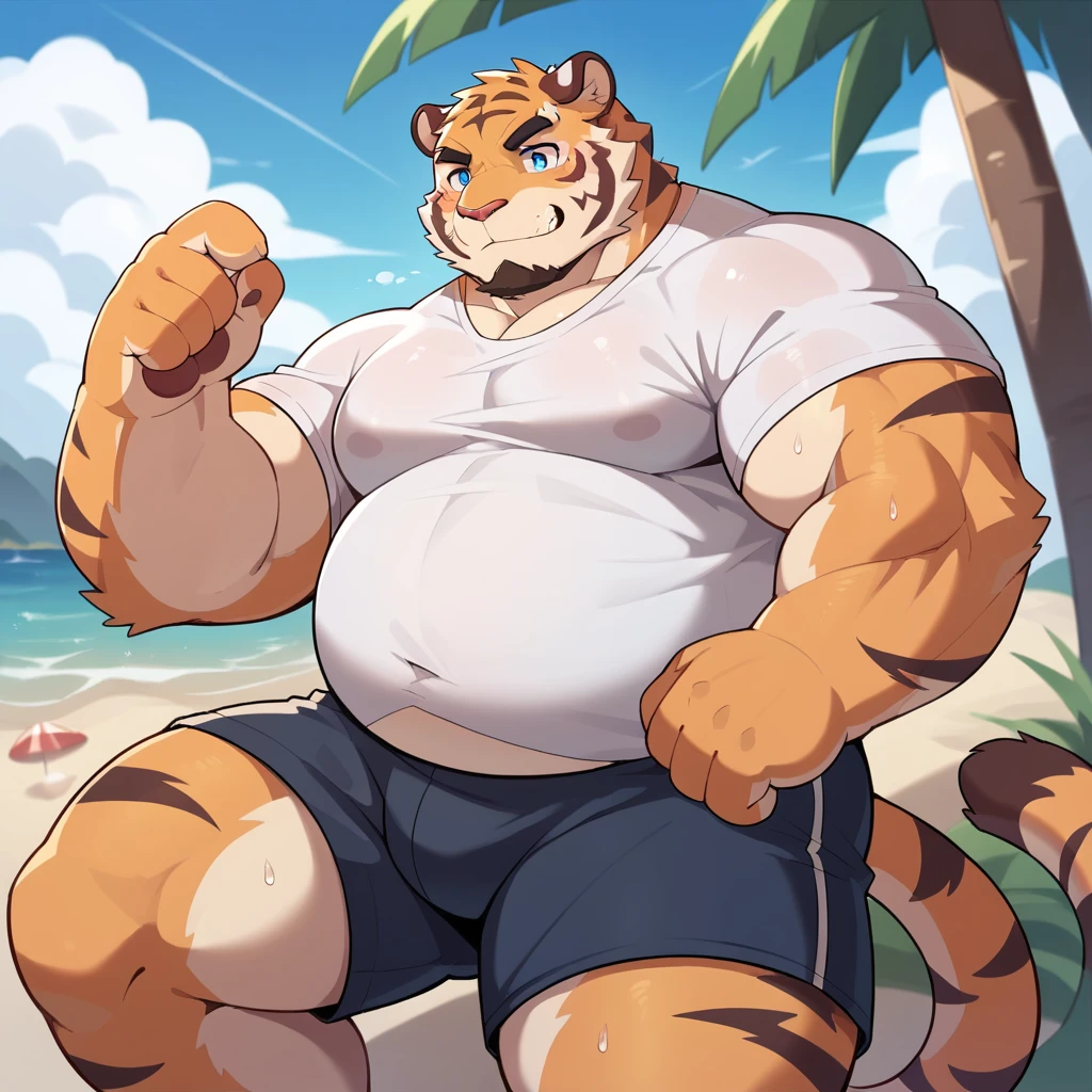 hombretigre, Alone, (soft shading), 4k, anything, ((detailed face, detailed eyes, detailed)), (whole body), por zackary911, by zaush, (by personals:0.5), muscular, muscular male, only, (chubby), stomach, green eyes, pose, Alone, SMILE, 1 chico, big belly, nipples, green eyes, male focus, Thighs, stomach, big bulge, big balls, bare pecs, green underwear, sexy pose 