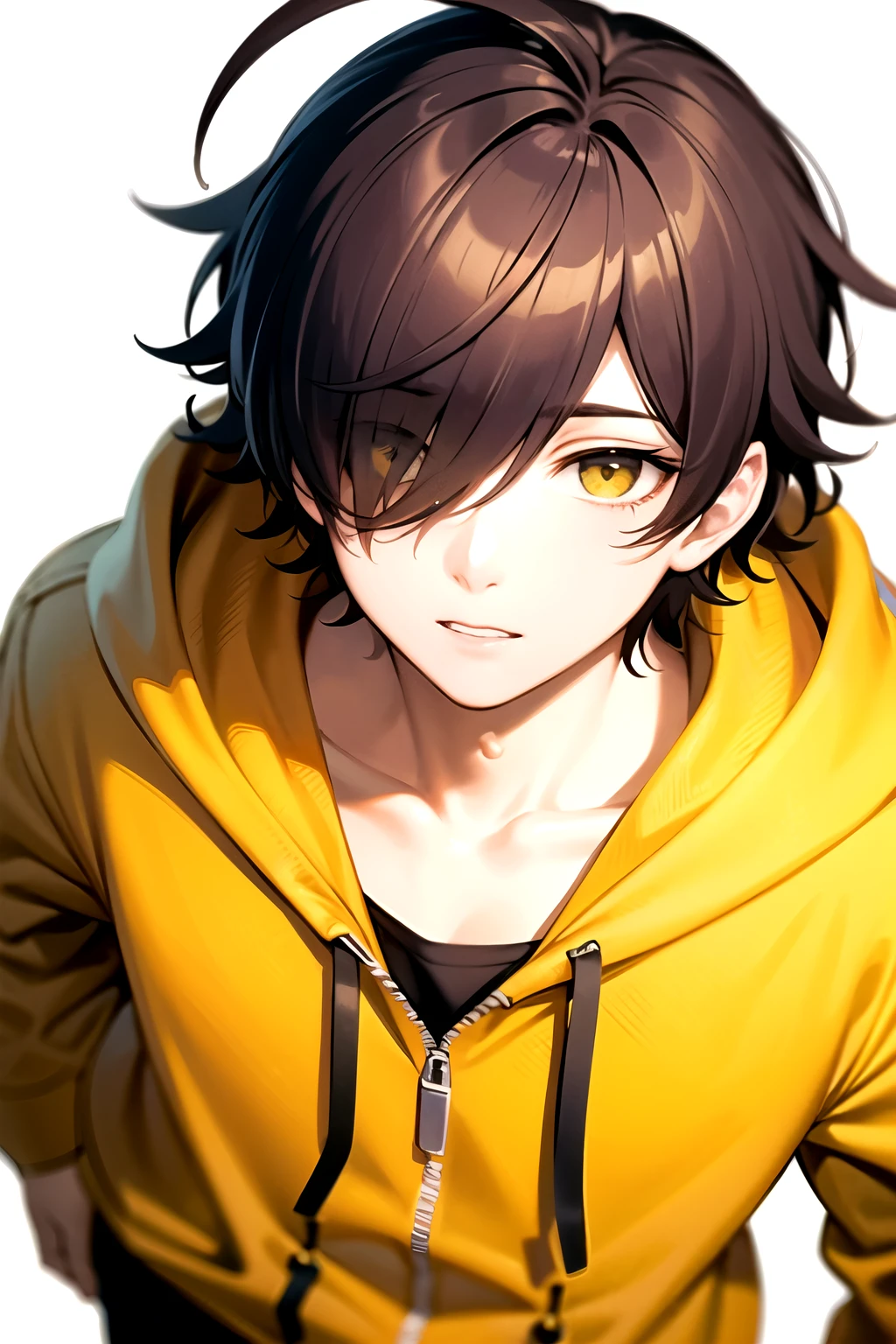 masterpiece, Highest quality, Super detailed, figure, One boy, Yellow Eyes, Hair hanging over one eye,Brown Hair,Perm,Ahoge,Wearing a yellow hoodie,White background、Looking down from above
