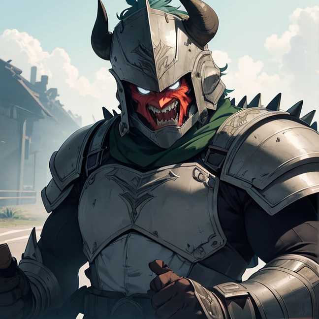(Absurdres, master piece, best high quality image, very detailed features, very detailed textures, carefuly detailed with no deformed parts in all the artwork, not censored violence and bleeding), only solo character.
A big hulking troll, he has big mouth full of light blue sharp teeth, he has no nose, orange skin, he has two light blue eyes, very long arms with six fingers, strong bulky feet, 2 bison green horns on his head and 10 green spikes on his hed, wears a bulky heavy grey armor, (big squared helmet with 3 crests, big grey shoulder pads, very armored arms, bulky heavy grey, boots), wields a big axe and a huge heavy pistol, he is laughing happy and enjoying a fight. Attacking a british airbase.