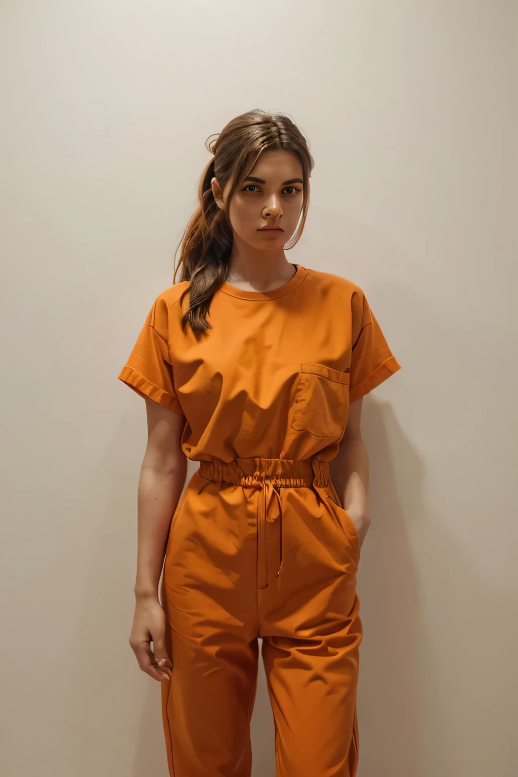 draw a female prisoner. standing in front of a white wall. standing straight facing straight ahead. wearing an orange prisoner outfit. ultra realistic cinematic. 4k, high definition 1000*1000 px