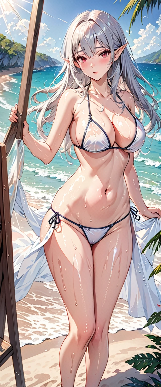 (best quality),((masterpiece)),(highres),original,extremely detailed wallpapaer,(an extremely delicate and beautiful),1girl,oil painting,beautiful mature female,silver hair,long hair,elf,red eyes,beautiful long eyelash,looking at viewer,sexually suggestive,(high detail face),(high detail eyes),huge breasts,navel,groin,narrow waist,bare legs,shiny skin,wet,detailed skin,beach,light rays,shiny hair,steaming body, (string bikini