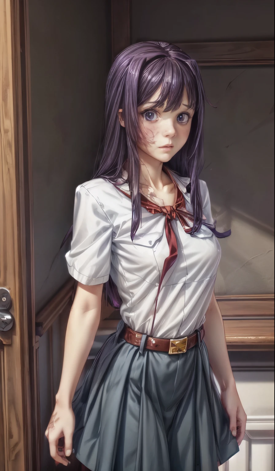 pioneer neckerchief, blue skirt, bangs, shirt, collarbone, white shirt, short sleeves, collared shirt, belt, red neckerchief, full height, hanako ikezawa, big purple eyes, long purple hair, (burn mark:1.3), hair covers right eye